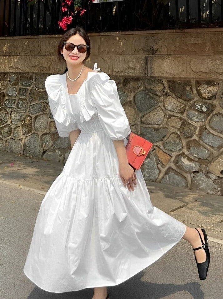 V-Neck Voluminous Sleeves Ruffle Dress_BDHL6171