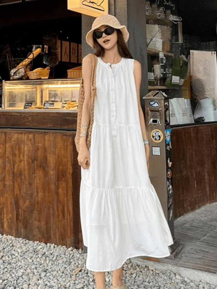 White Sleeveless Tiered Dress_BDHL6186