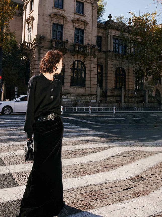 Black velvet long skirt_BDHL5488