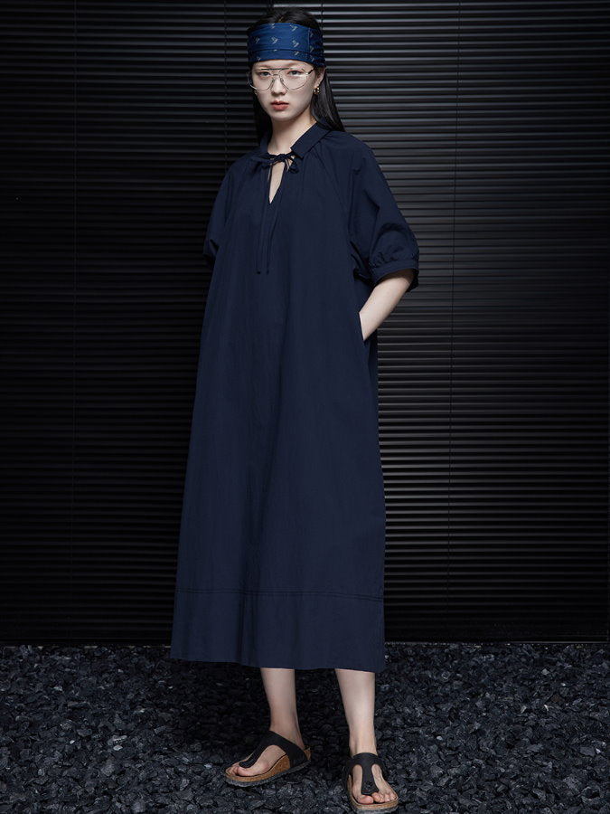 Open Tie V-Neck Mid Sleeve Dress_BDHL4620