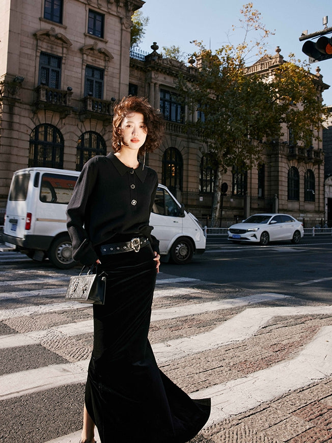 Black velvet long skirt_BDHL5488