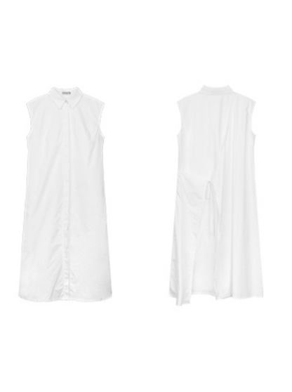 White Pleated Sleeveless Shirt Dress_BDHL6197