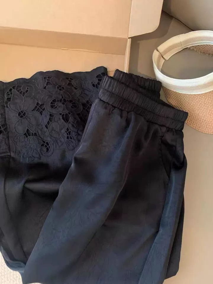 Floral Lace Cuff Satin Pants_BDHL8251