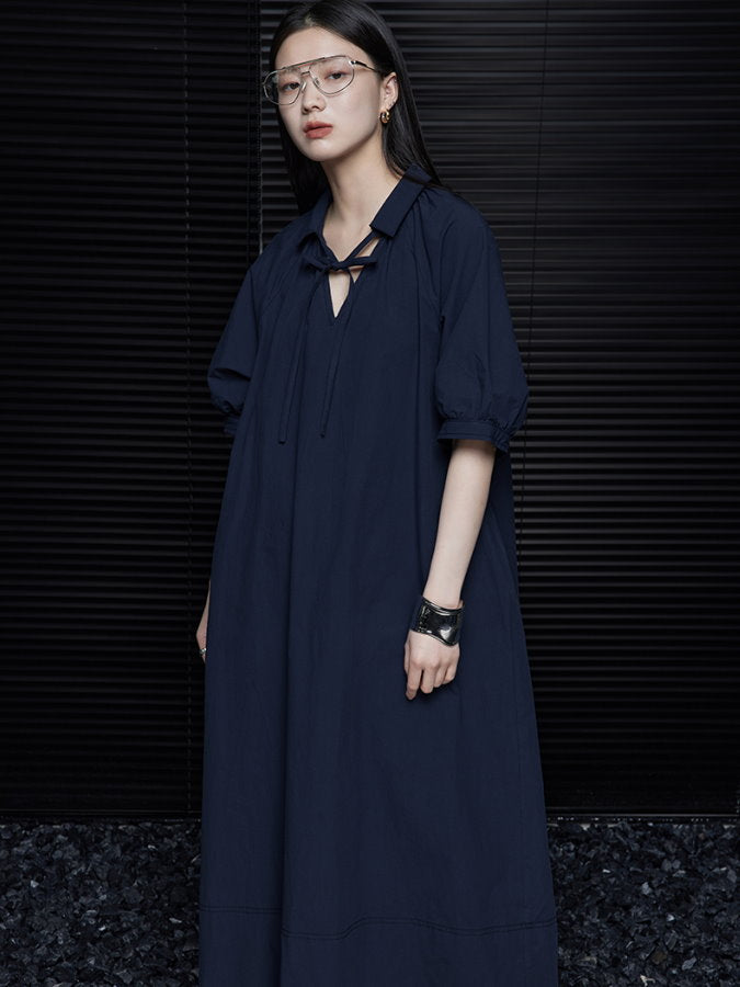 Open Tie V-Neck Mid Sleeve Dress_BDHL4620