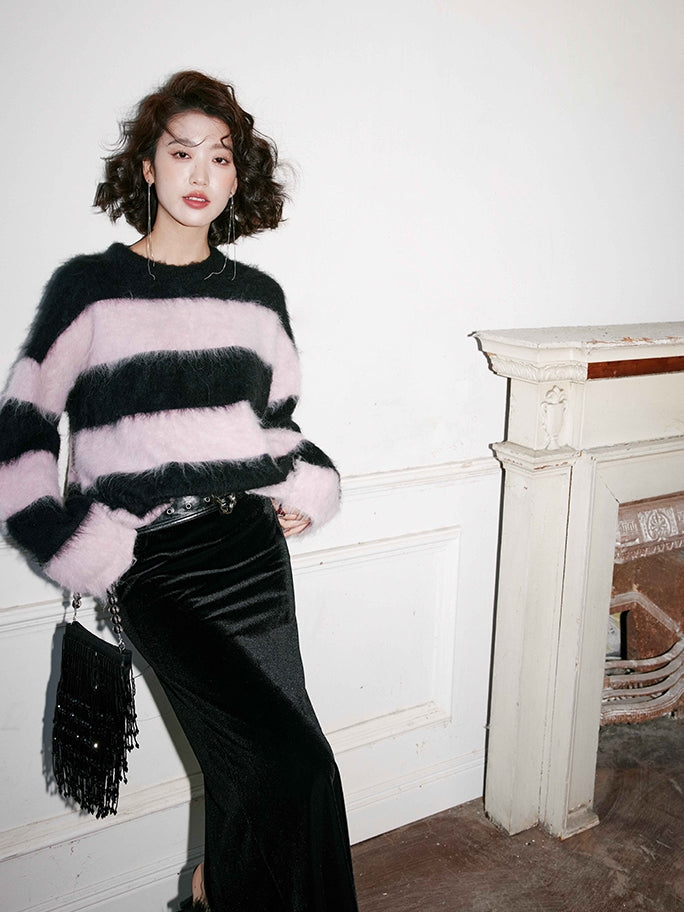 Black pink striped wool sweater_BDHL5490