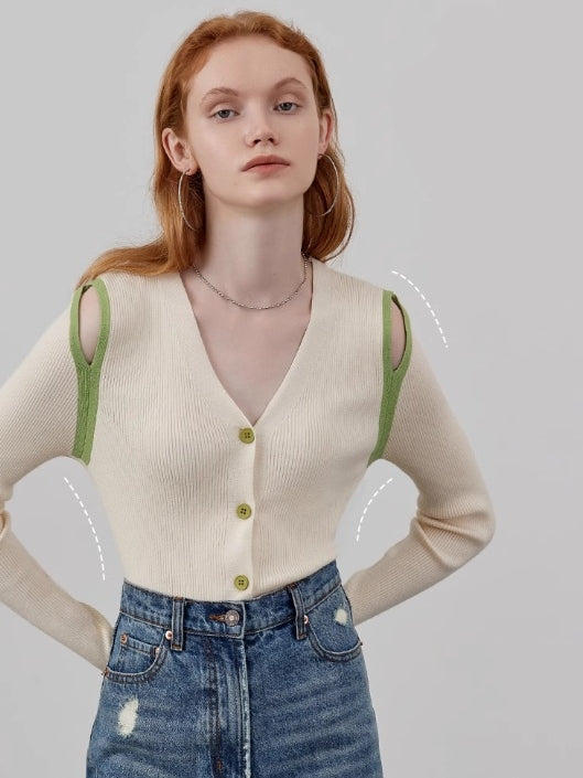 Shoulder Cut-Out V-Neck Cardigan_BDHL7143