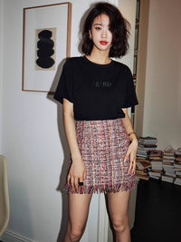 Fringe Hem Tweed Mini Skirt_BDHL4742