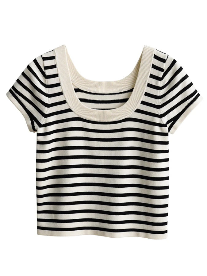 U-neck Striped Short-Sleeved Knit_BDHL4788