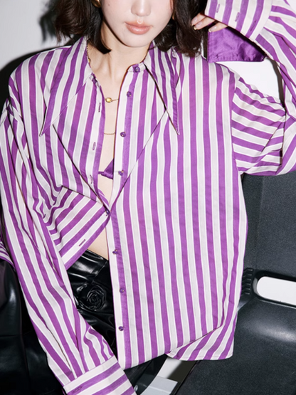 緞面袖口紫色條紋襯衫_BDHL4967