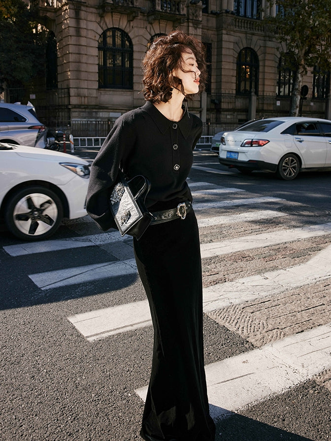 Black velvet long skirt_BDHL5488