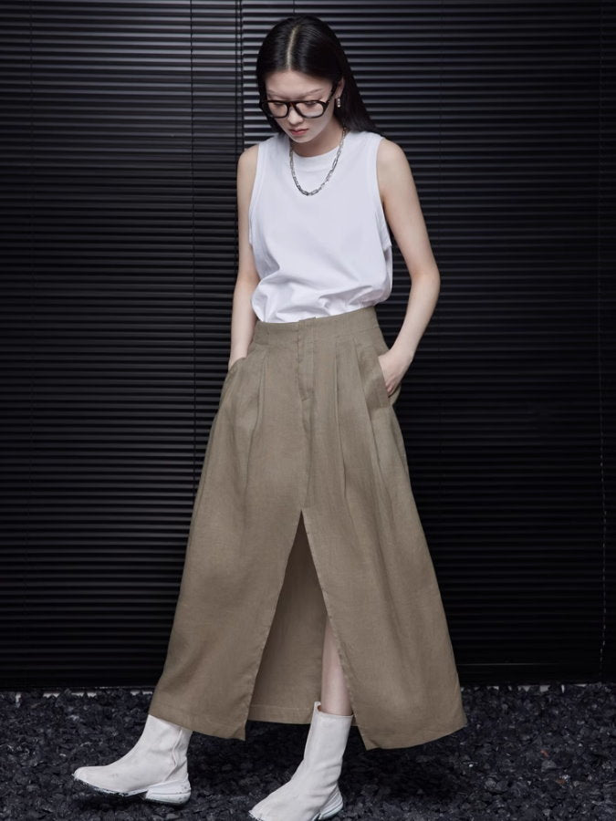 Front Slit Linen Skirt_BDHL4838