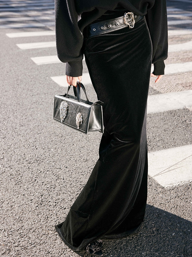 Black velvet long skirt_BDHL5488