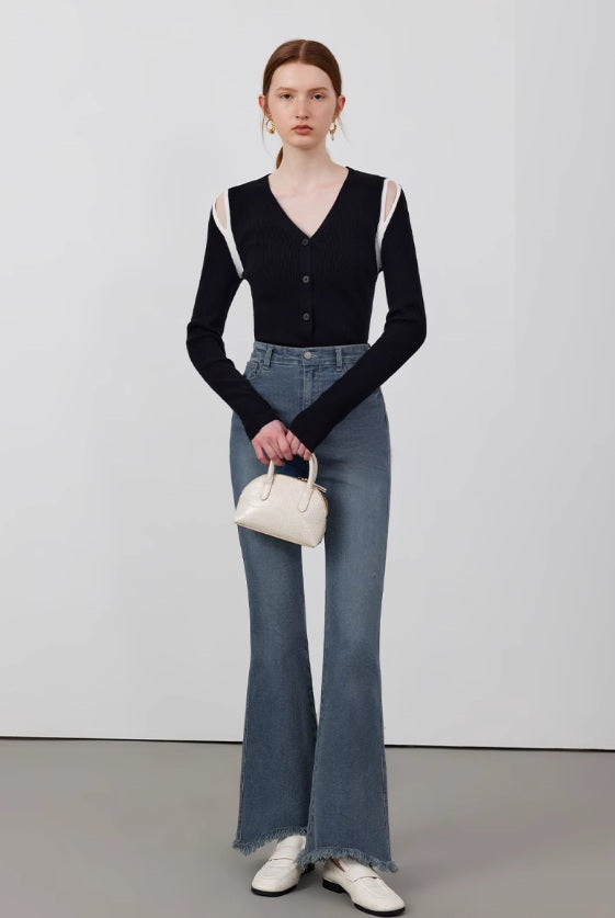 Shoulder Cut-Out V-Neck Cardigan_BDHL7143