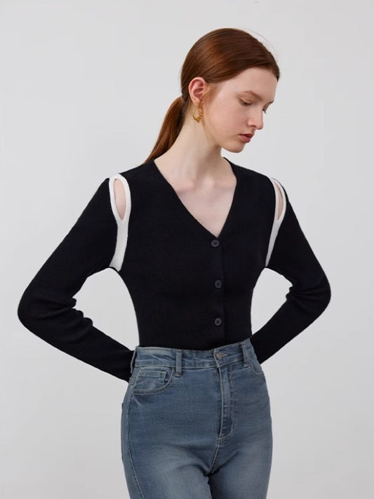 Shoulder Cut-Out V-Neck Cardigan_BDHL7143