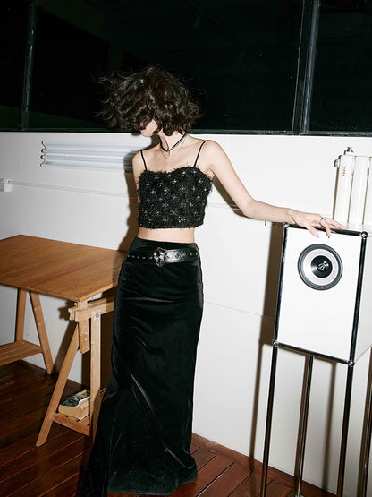 Black velvet long skirt_BDHL5488