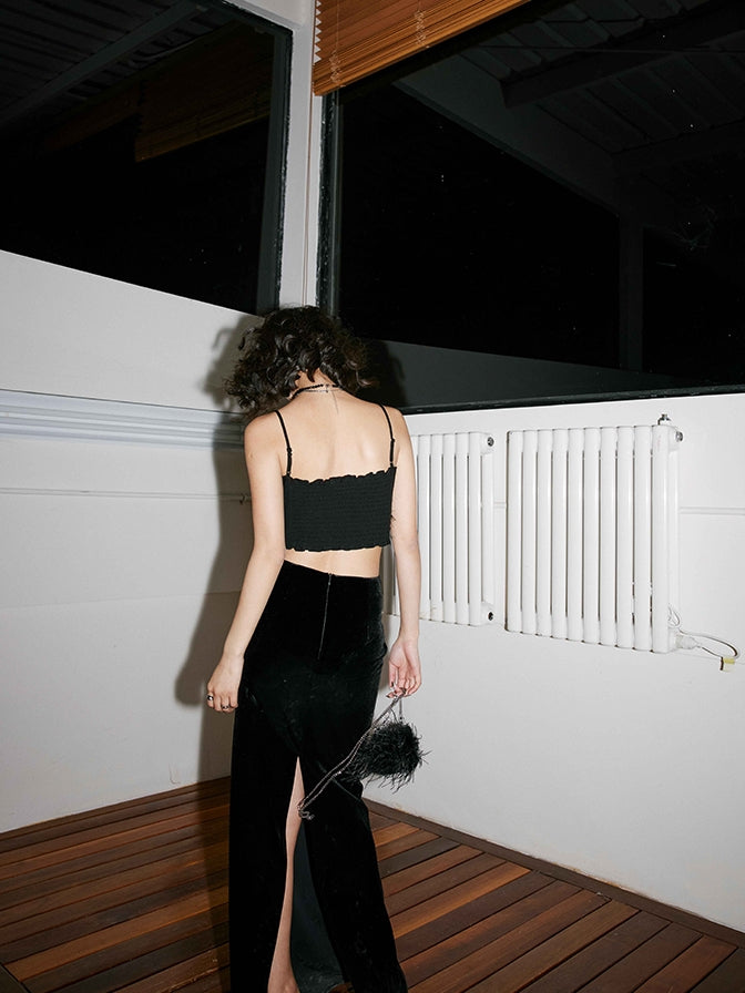 Black velvet long skirt_BDHL5488