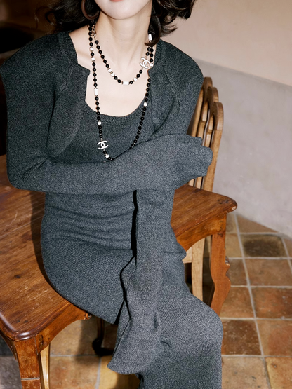 Classic Gray Knit Dress and Bolero Set_BDHL4953