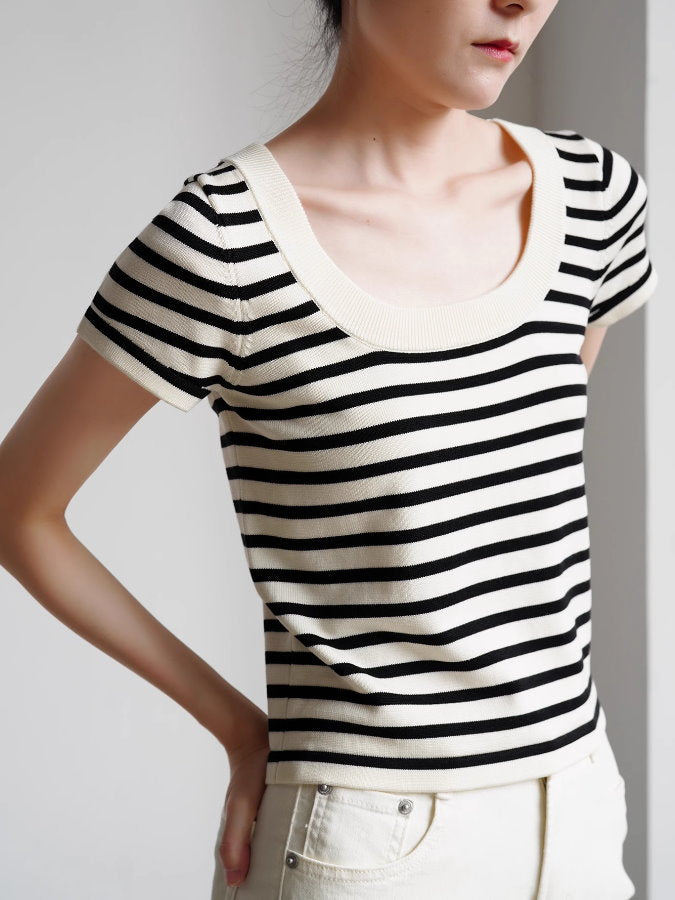 U-neck Striped Short-Sleeved Knit_BDHL4788