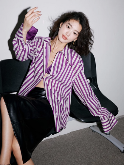 Purple striped shirt with satin cuffs_BDHL4967