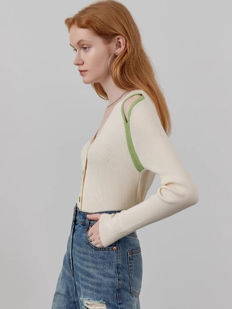 Shoulder Cut-Out V-Neck Cardigan_BDHL7143