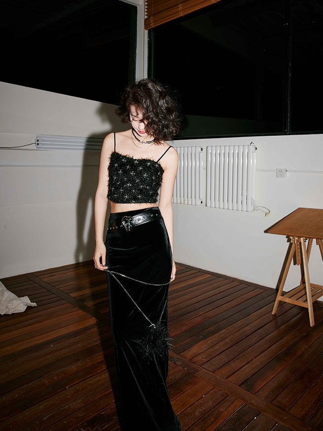 Black velvet long skirt_BDHL5488