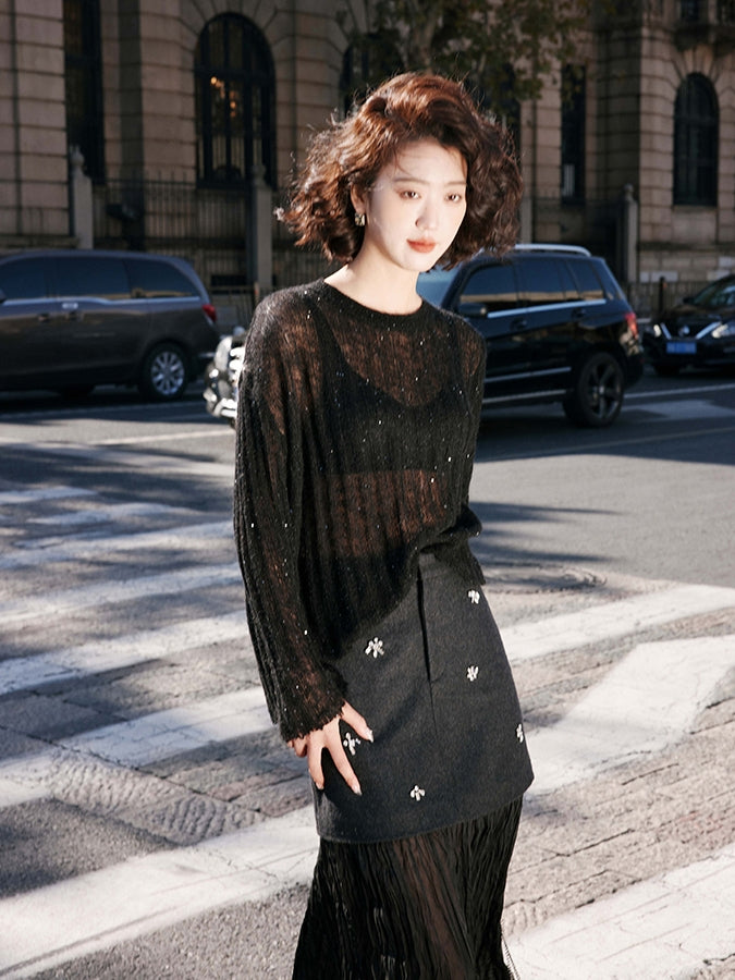 Bell sleeve see-through sweater with sequins_BDHL5480