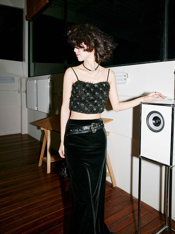 Black velvet long skirt_BDHL5488