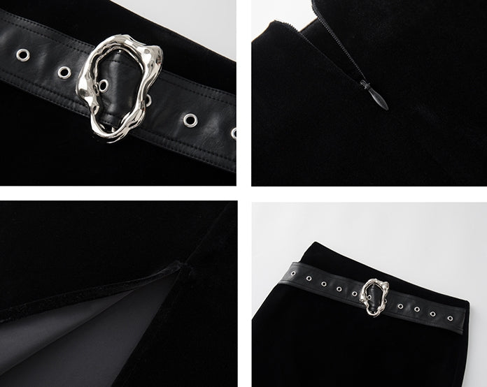 Black velvet long skirt_BDHL5488