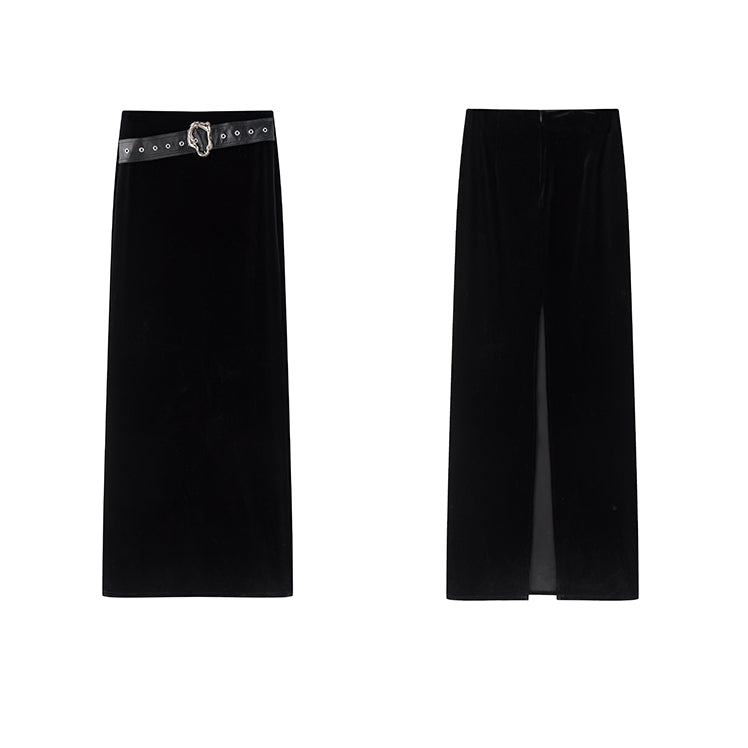 Black velvet long skirt_BDHL5488