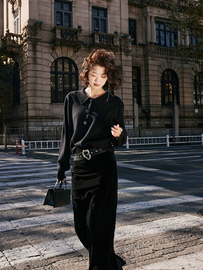 Black velvet long skirt_BDHL5488