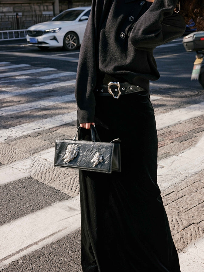 Black velvet long skirt_BDHL5488