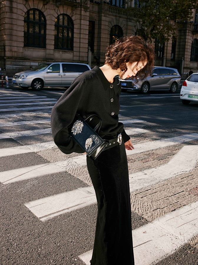 Black velvet long skirt_BDHL5488