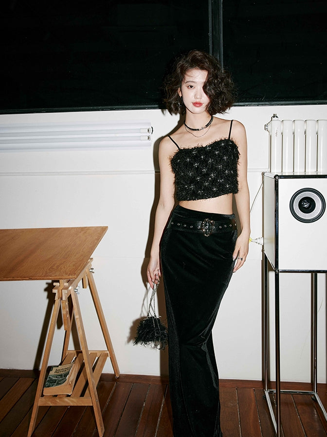 Black velvet long skirt_BDHL5488