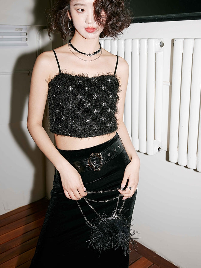 Black velvet long skirt_BDHL5488