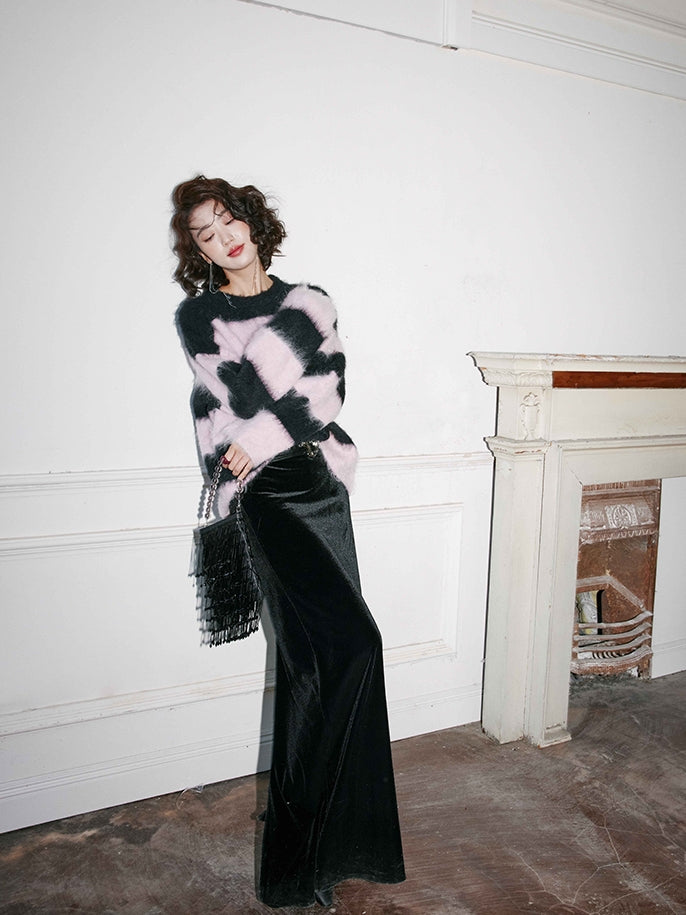 Black velvet long skirt_BDHL5488