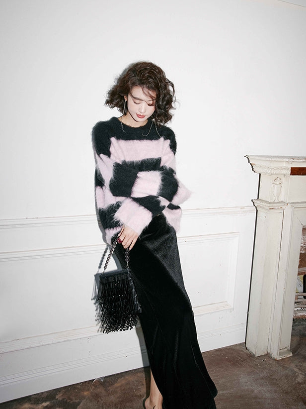 Black pink striped wool sweater_BDHL5490