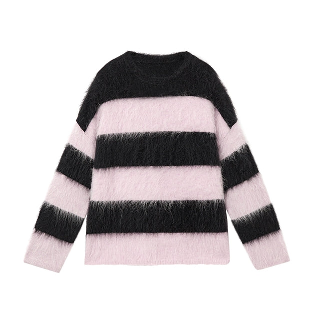 Black pink striped wool sweater_BDHL5490