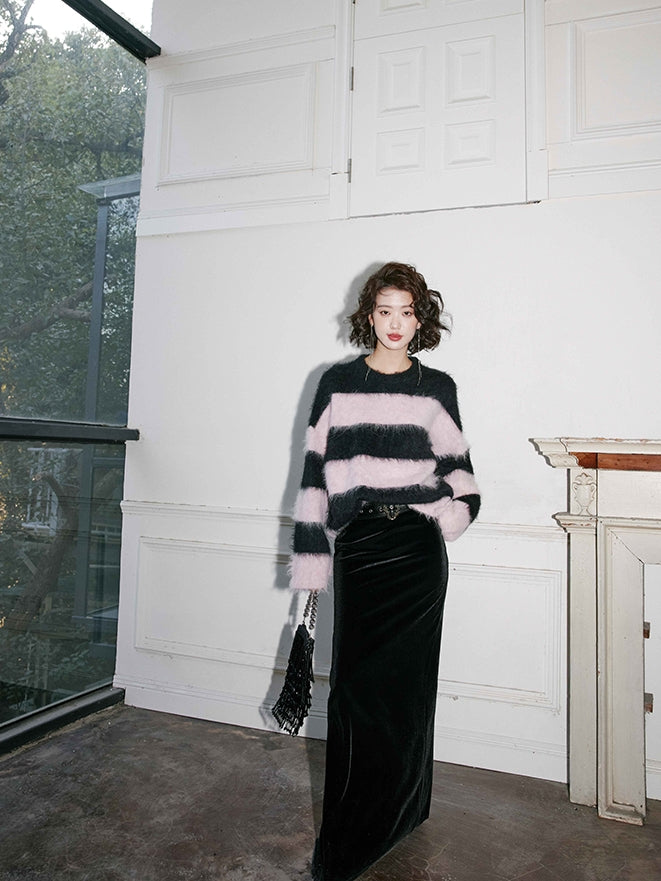 Black pink striped wool sweater_BDHL5490