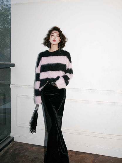 Black pink striped wool sweater_BDHL5490