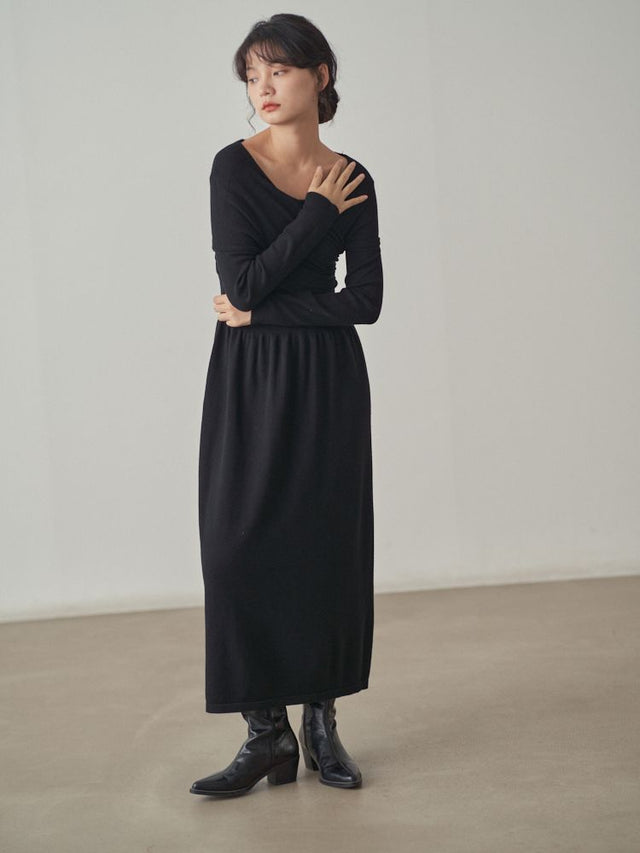 One word collar bottling long skirt_BDHL5571