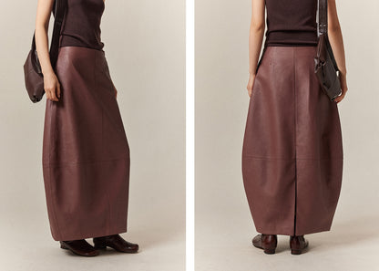 PU leather cocoon-shaped long skirt_BDHL5670
