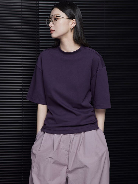 Purple short sleeve round neck cotton T-shirt_BDHL5697 - HELROUS