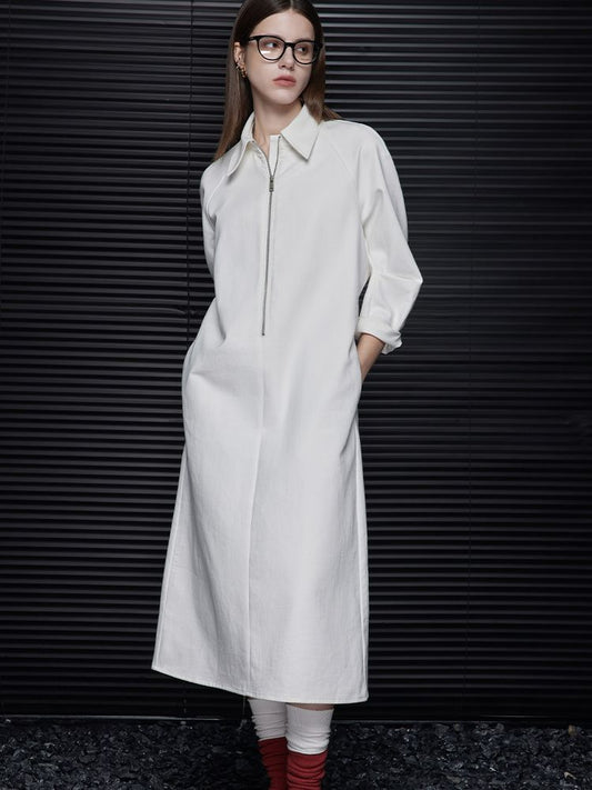 White half zipper lapel dress_BDHL5713