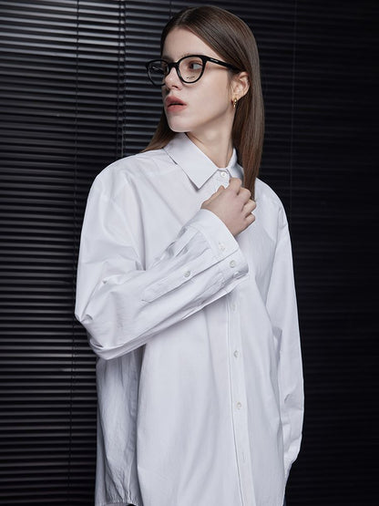 White cotton lapel long sleeve shirt_BDHL5719