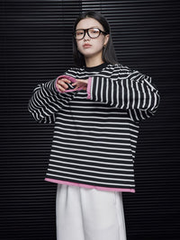 Black and white striped loose long sleeve T-shirt_BDHL5721