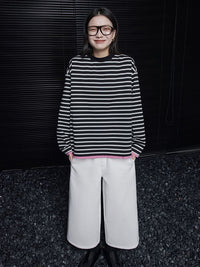 Black and white striped loose long sleeve T-shirt_BDHL5721