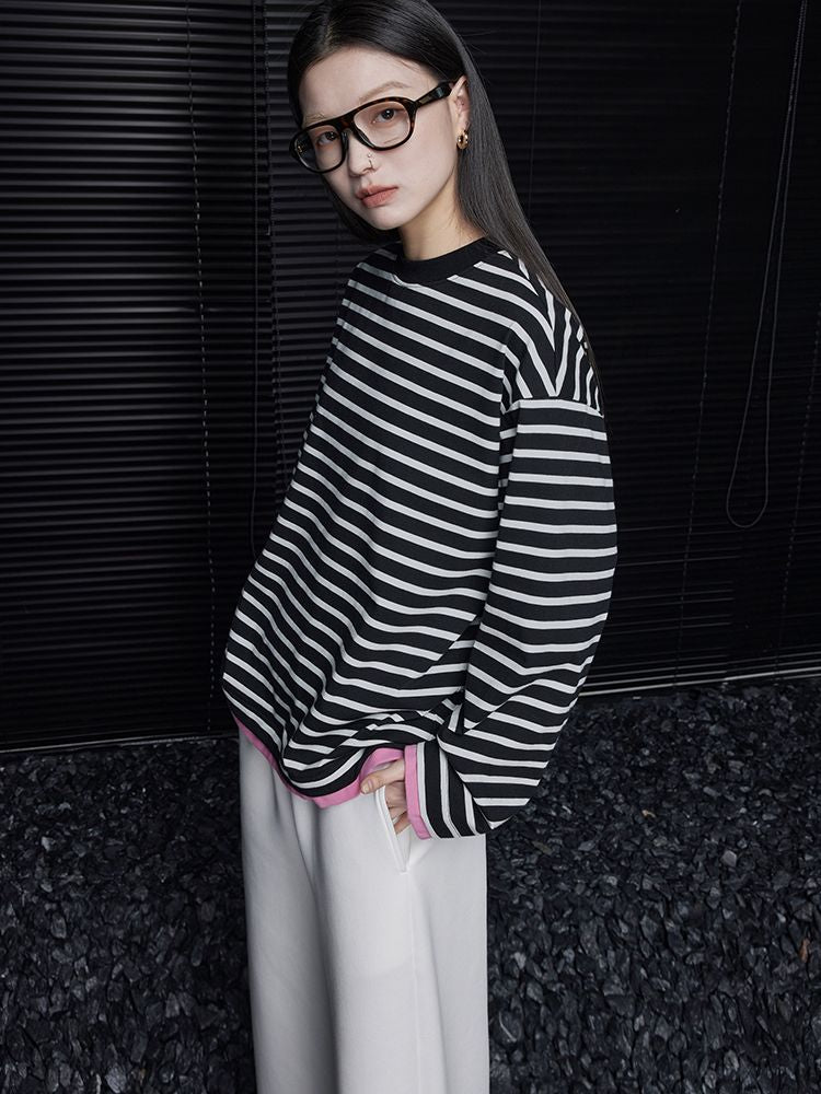 Black and white striped loose long sleeve T-shirt_BDHL5721