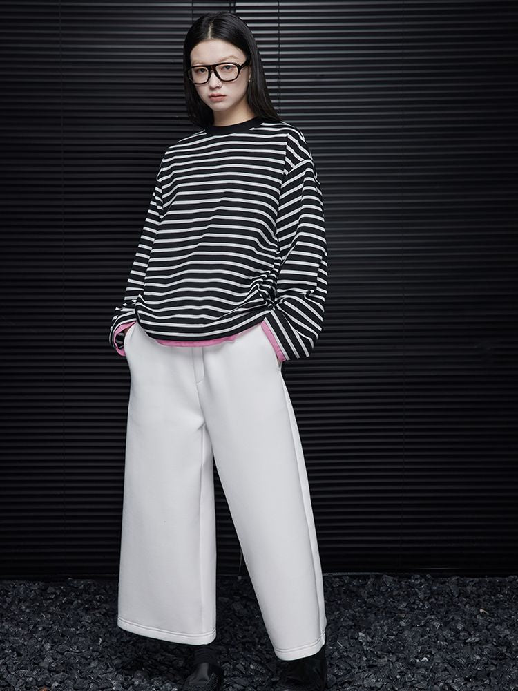 Black and white striped loose long sleeve T-shirt_BDHL5721