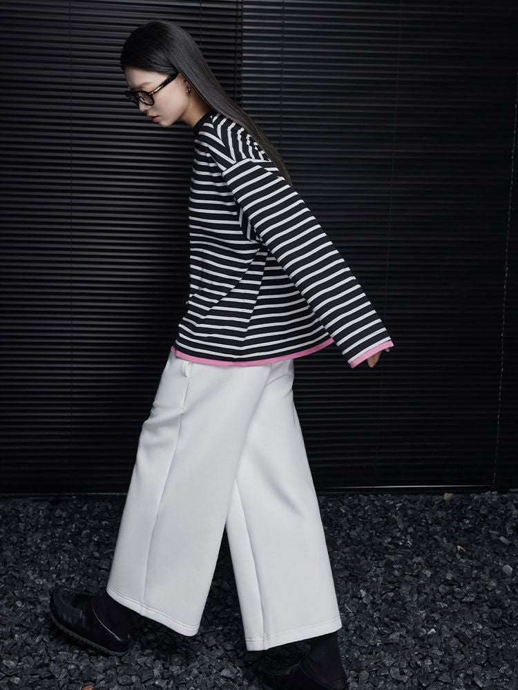 Black and white striped loose long sleeve T-shirt_BDHL5721