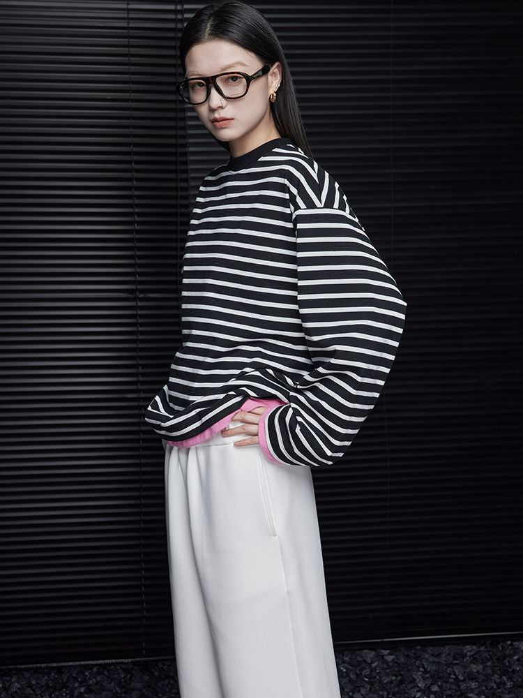 Black and white striped loose long sleeve T-shirt_BDHL5721